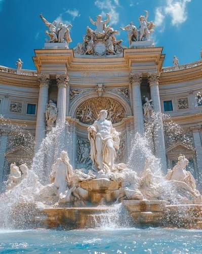 The Trevi Fountain sculptures against a bright blue sky