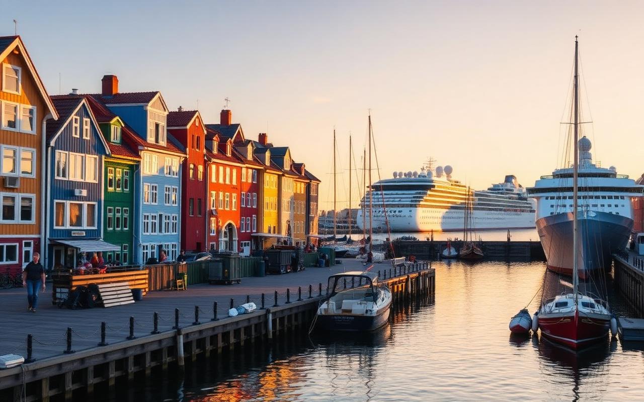 Northern European harbor with colorful waterfront houses at golden hour